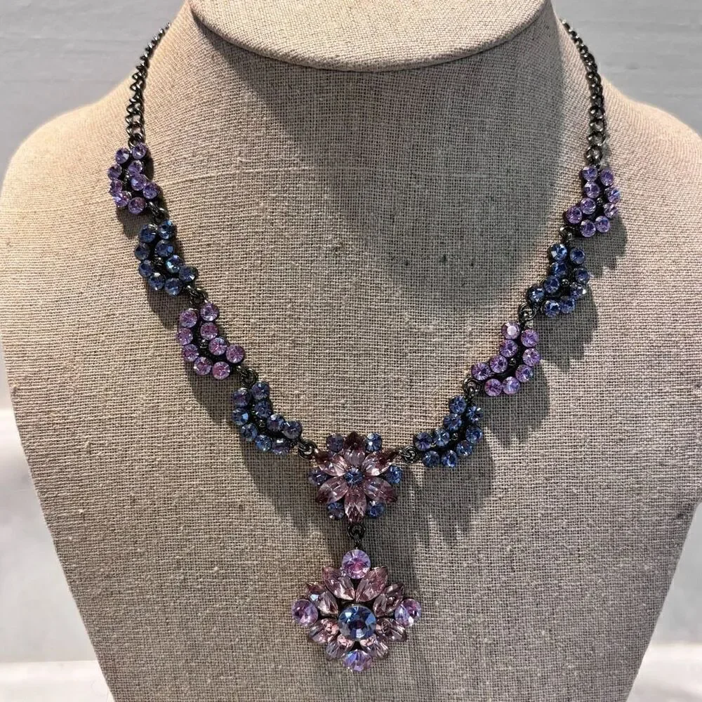 Vintage SNK Sparkly Crystal Drop Pendant Costume Statement Necklace Signed Blue